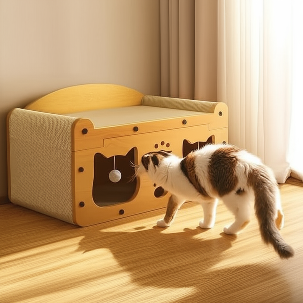 Rascador multifuncional para gatos con cama y juguetes