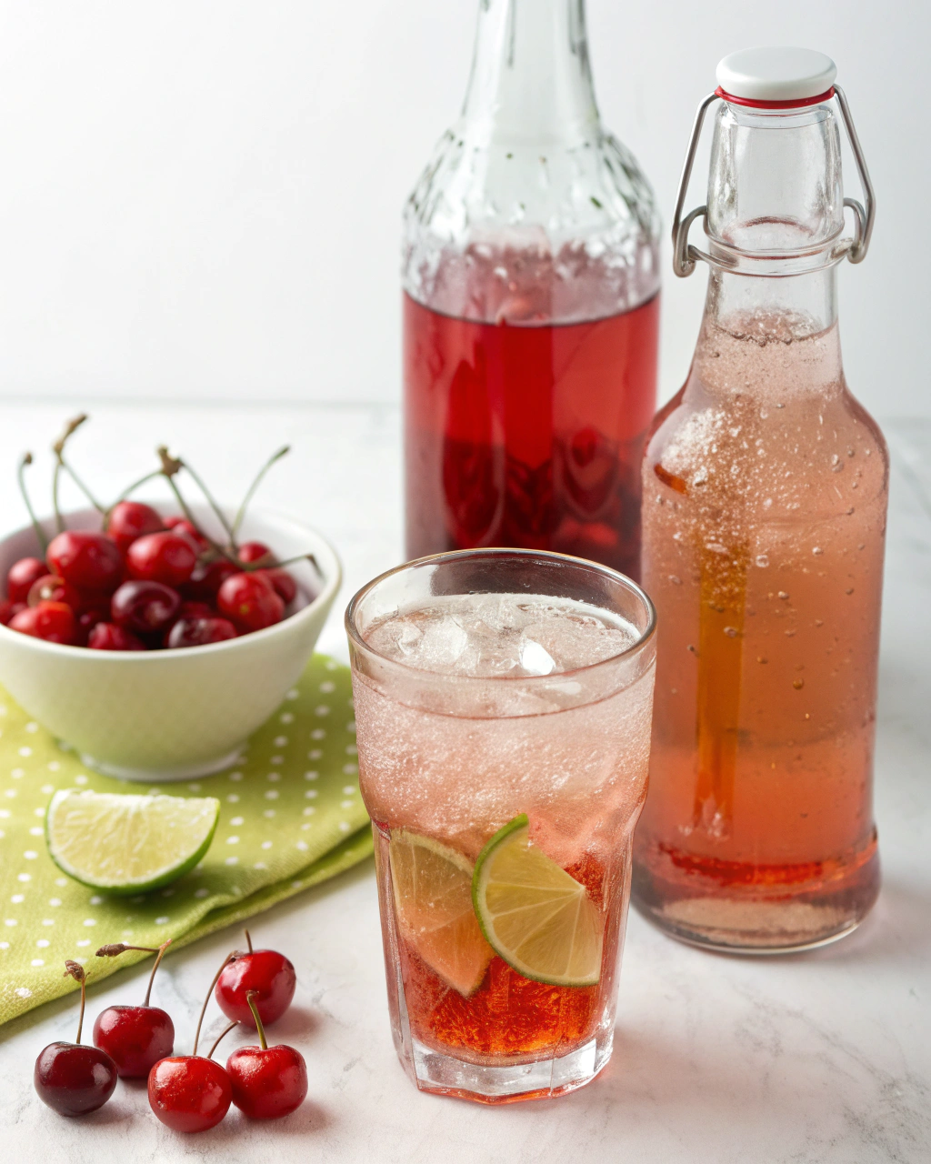 The Best Shirley Temple Mocktail Recipe | 3-Minute Magic 2 The Best Shirley Temple Mocktail ingredients laid out on clean white counter