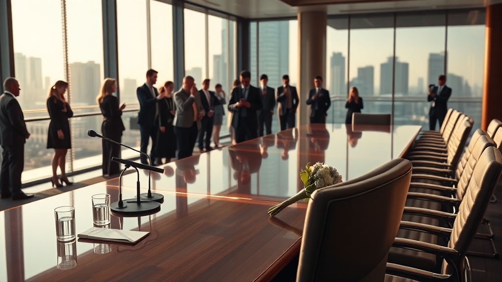 A cinematic, photorealistic movie-still set in a sleek 2025 urban civic hearing chamber, captured in a widescreen 16:9 composition. The room is modern and elegant — glass walls, brushed steel, warm wood accents, and a view of distant high-rise glass-and-steel buildings and city lights through floor-to-ceiling windows. In the foreground, a long polished conference table with several tabletop microphones, a water glass, a folded envelope, and a small bridal bouquet casually left on the surface; an empty leather chair is pushed back slightly as if its occupant just left. The scene conveys tension and compromised authority without depicting any specific person: a few anonymous figures occupy the midground and background — staff and reporters shown as blurred or silhouetted forms, some holding camera rigs or smartphones, others whispering in muted groups. No faces are identifiable; any people are shown with natural, diverse skin tones but soft focus or turned-away profiles to maintain universality. Lighting is cinematic and realistic: warm late-afternoon sunlight slices in through the glass, mixing with subtle cool LED overheads and camera lights, producing soft rim highlights, natural skin tones, and volumetric shafts of light with gentle haze. Color grading is filmic and restrained — slightly desaturated midtones, warm highlights, cool shadows, high-resolution textures on fabrics, leather, glass, and metal. Depth of field is shallow to medium, with a focused plane on the table and empty chair and a soft bokeh rendering of the background activity. Use realistic lens characteristics (e.g., 85mm cinematic portrait feel, subtle film grain, lens flares controlled) to create the sense of a high-end movie still. Ensure there are no visible logos, text, flags, or identifiable signage anywhere in the frame; the scene should read as a universally relatable moment of institutional drama in a contemporary 2025 city setting.