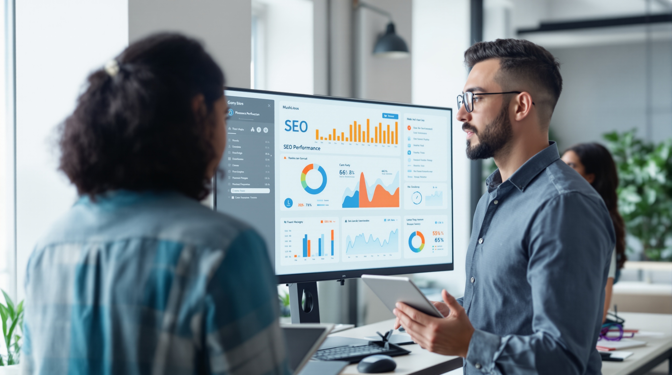 A diverse team of three professionals collaborating in a modern workspace, reviewing an SEO performance dashboard on a large monitor.