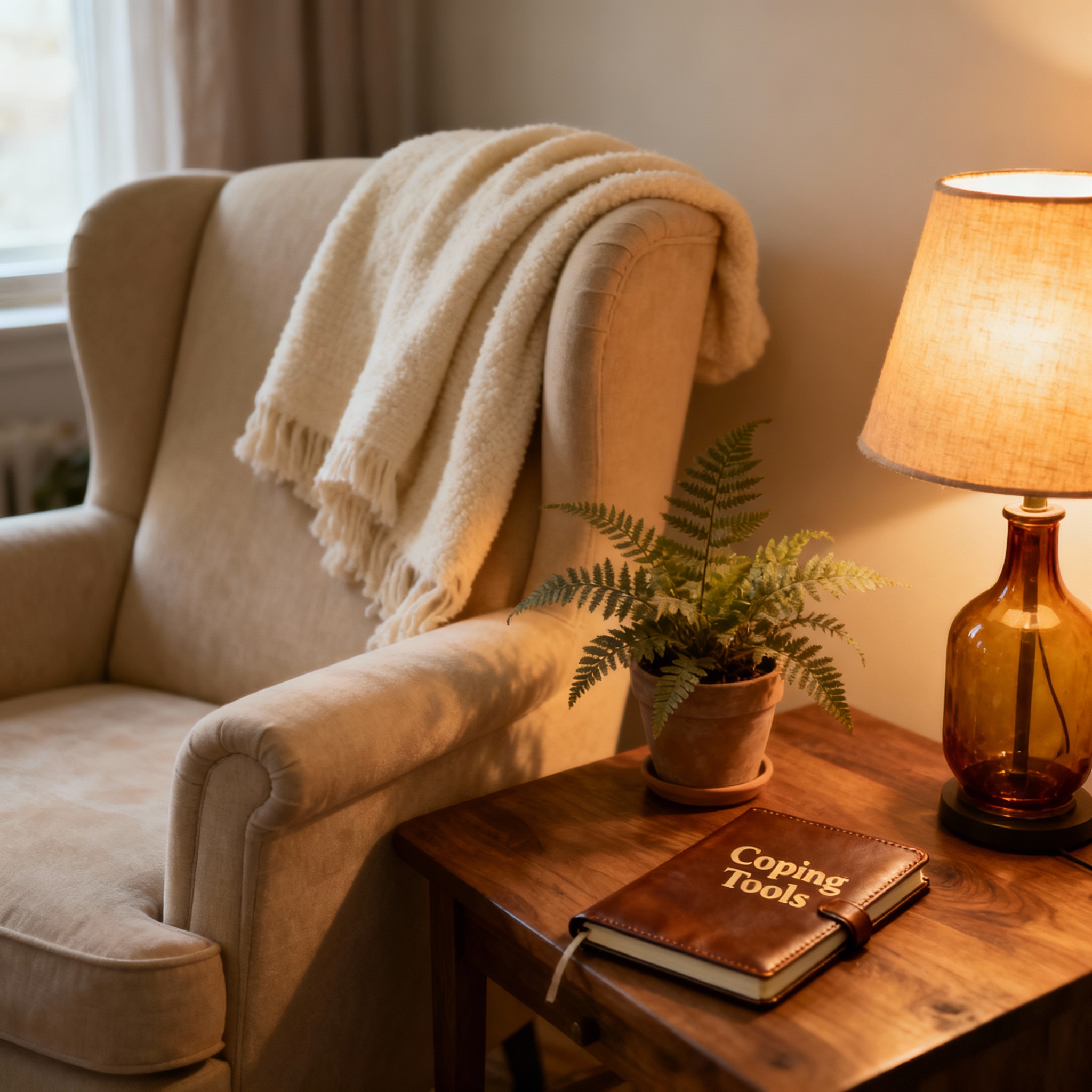 Photorealistic, warm photo of a small “calm corner” in a living room: plush chair, soft blanket, small plant, dim lamp, an...