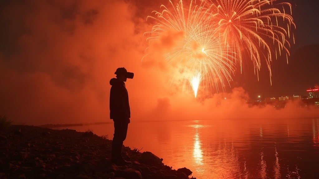 Vista aérea del espectáculo pirotécnico para el proyecto de La Descarga en realidad virtual
