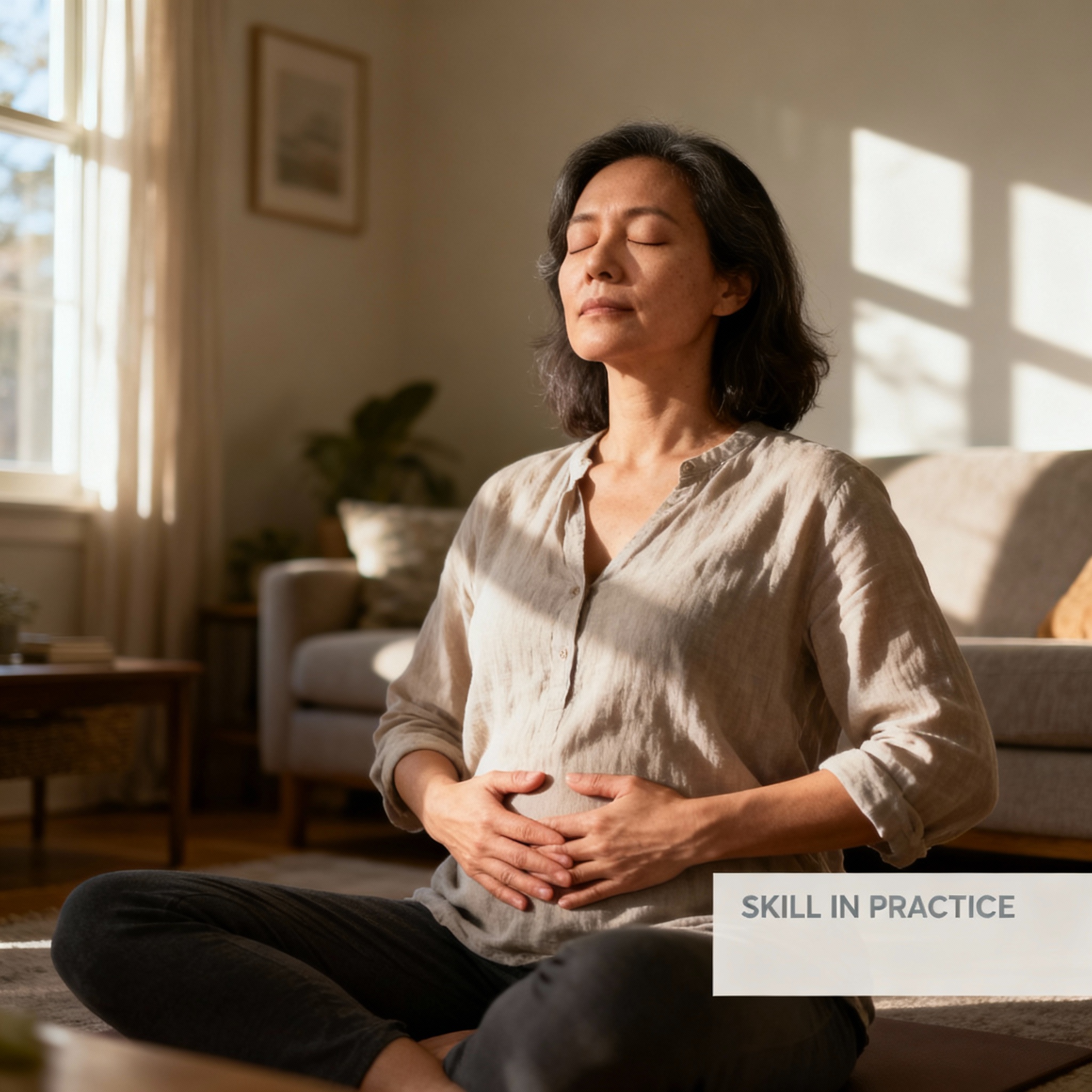 Photorealistic candid shot of a mid-career adult practicing DBT breathing exercises in a quiet living room, soft afternoon...