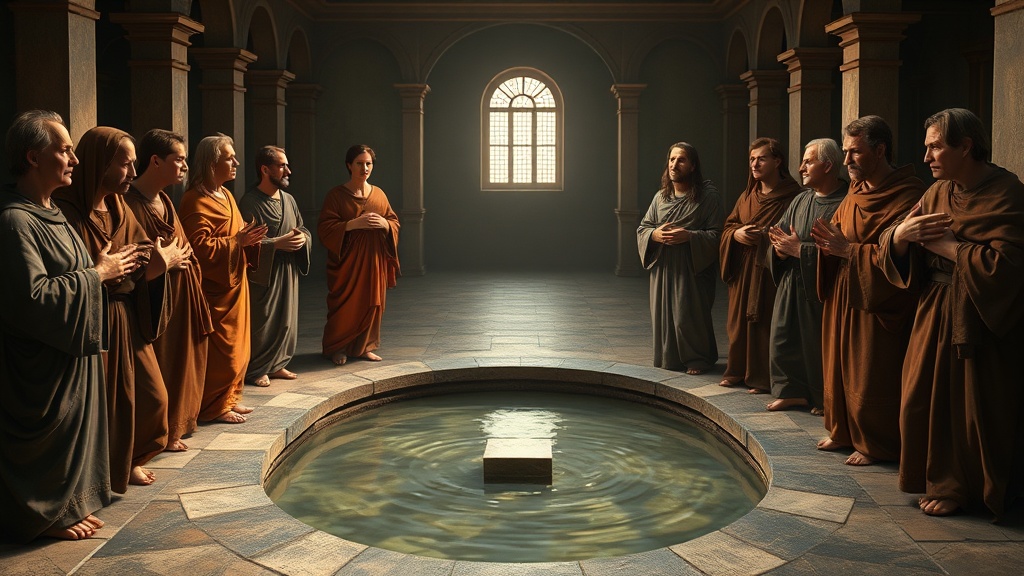 고요한 회중이 서로 경청하는 고전적 실내 풍경