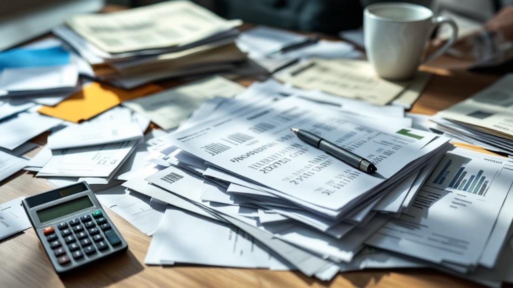 Construction company financial documents and invoices on desk
