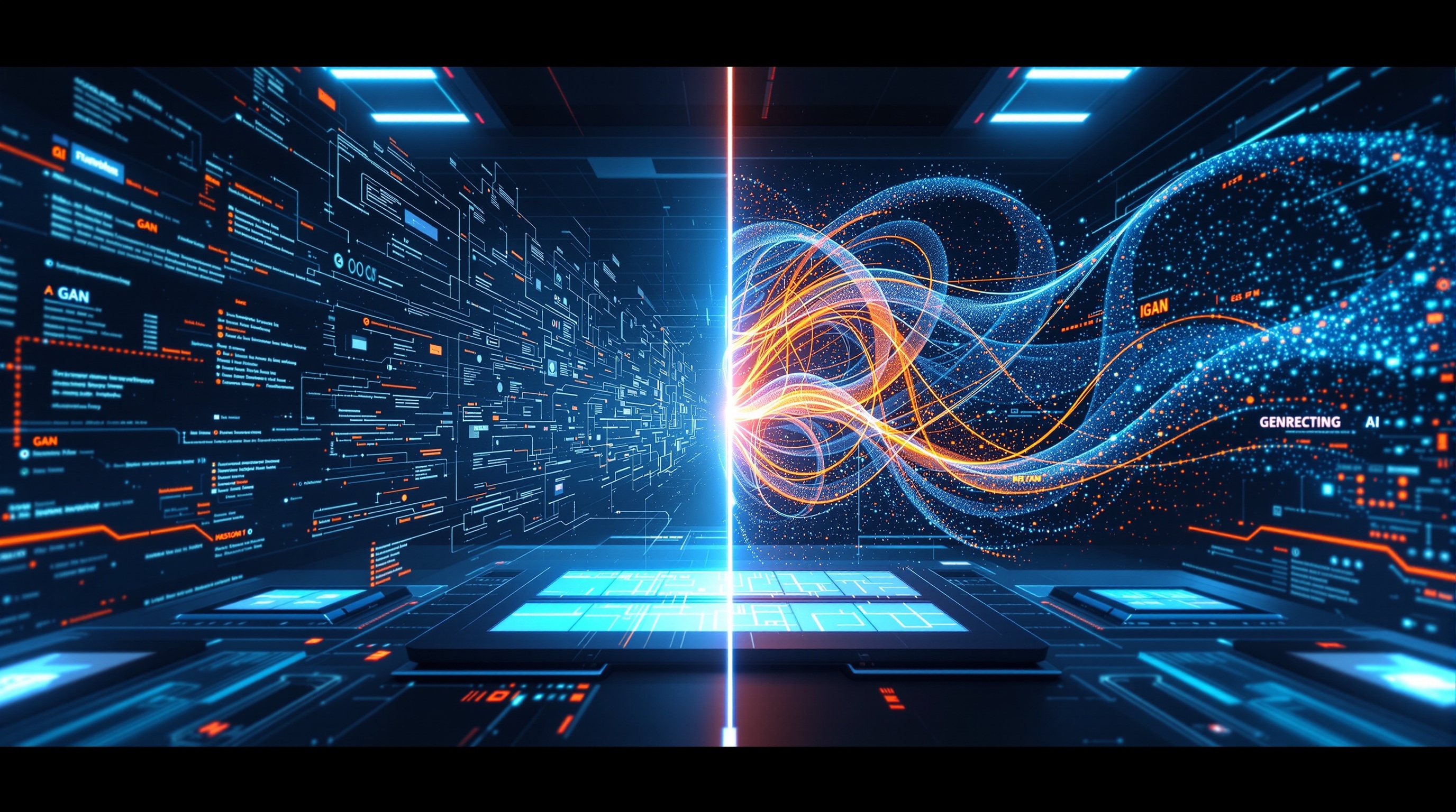 Concept illustration showing traditional AI learning from structured data and generative AI creating new patterns side by side