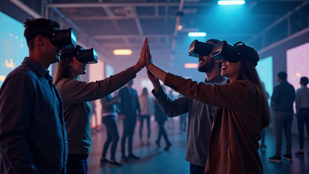 Equipo de empresa colaborando en una actividad de team building con realidad virtual en las instalaciones de Virtua Barcelona.