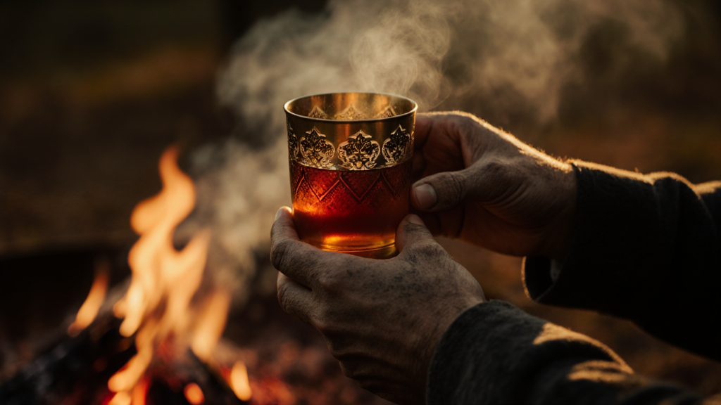 Close-up of weathered hands holding ornate brass tea glass with amber liquid, etched patterns catching golden hour light.
