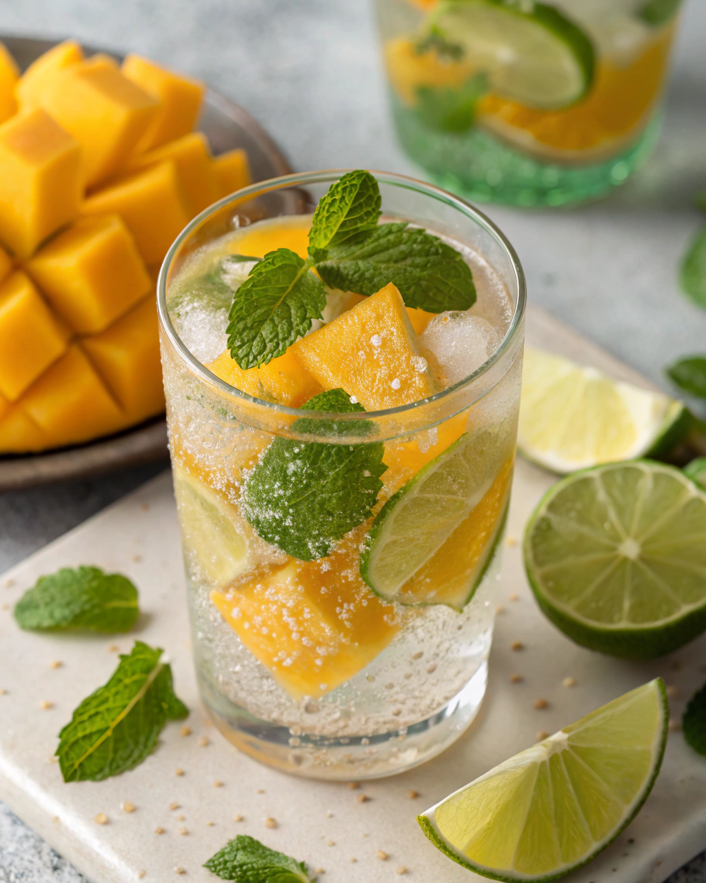 Mango Mojito Mocktail ingredients laid out on clean white counter