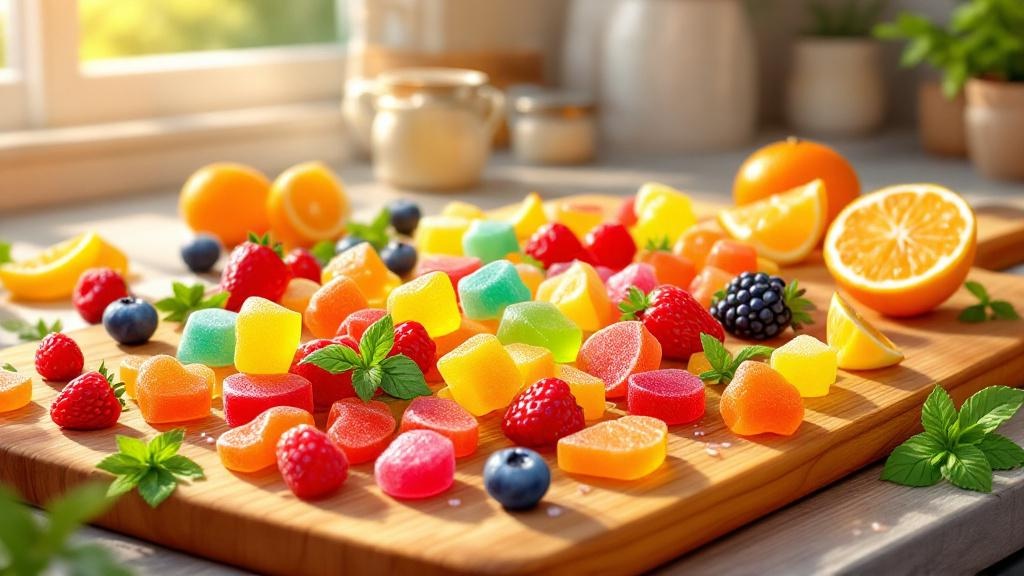 Cartoon colorful gummies with fresh fruit kitchen