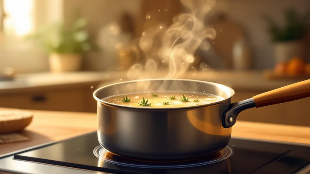 Cannabis tea simmering gently in saucepan