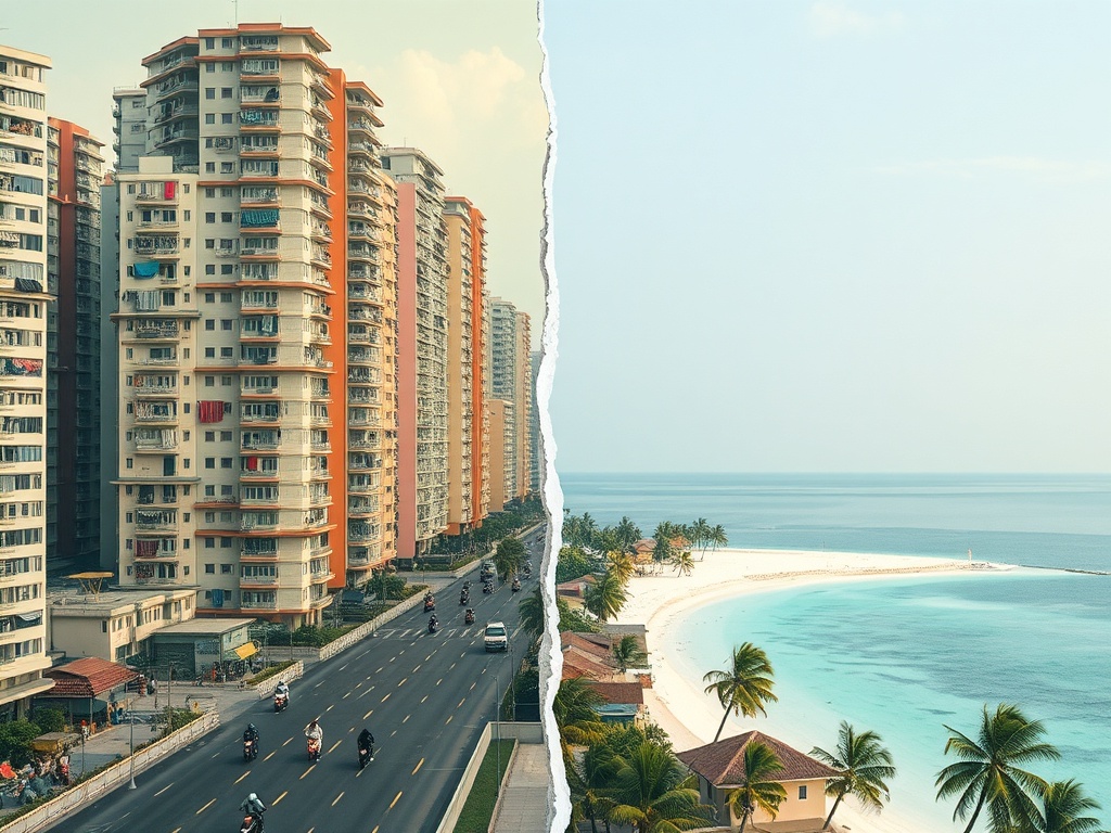 A Political Campaign Poster Torn Between Malé's Skyline and a Remote Island's Need