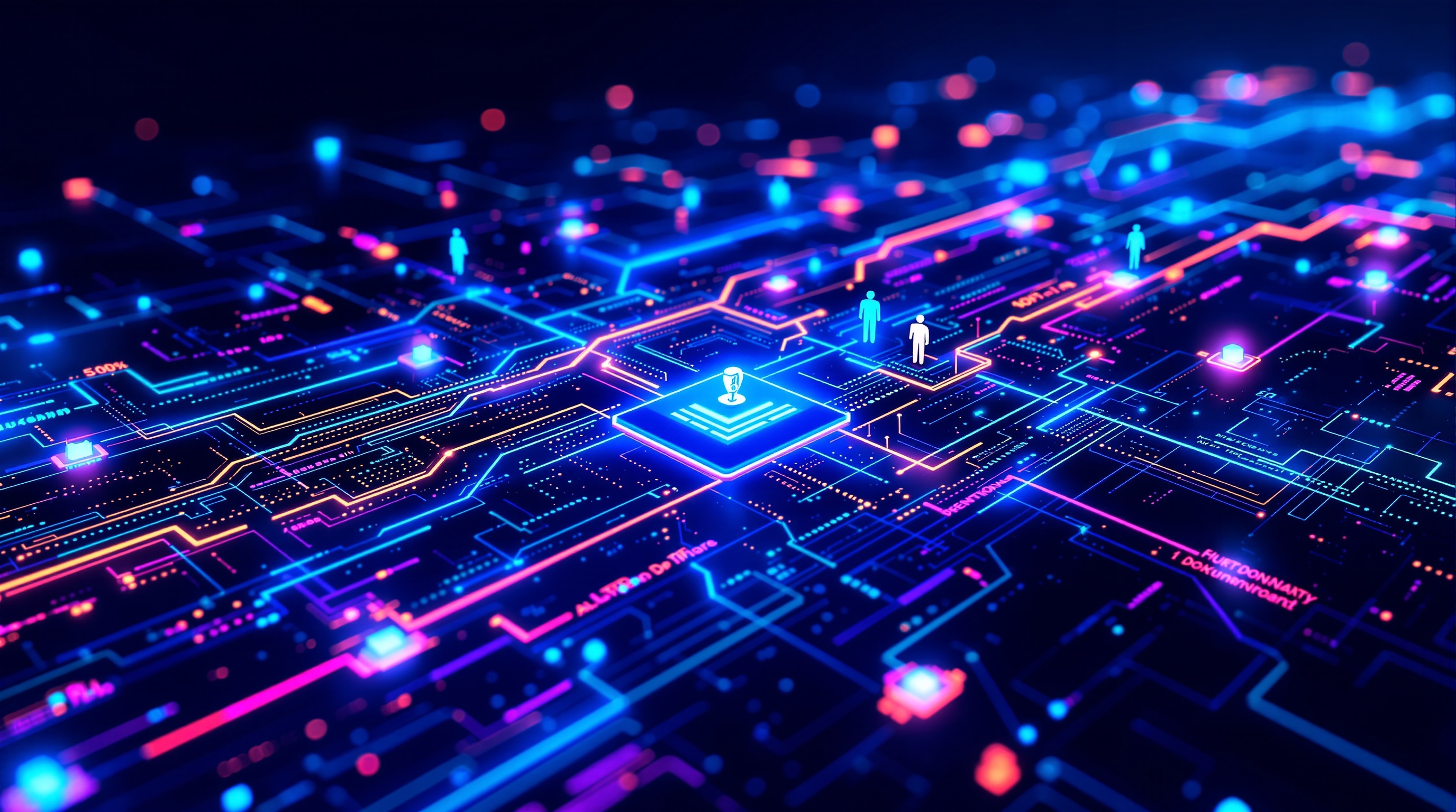 Futuristic digital illustration showing a cryptographically verified content provenance network with glowing data lines connecting AI servers, editors, and verification nodes