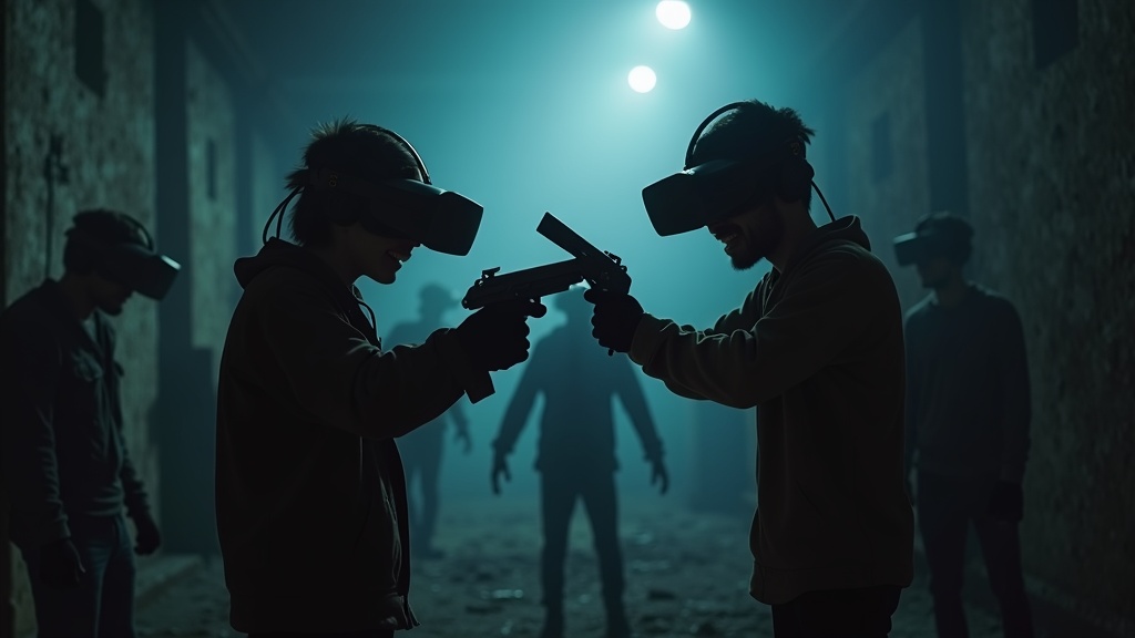 Dos jugadores colaborando intensamente en la experiencia Propagation VR cooperativo zombies de Virtua Barcelona.