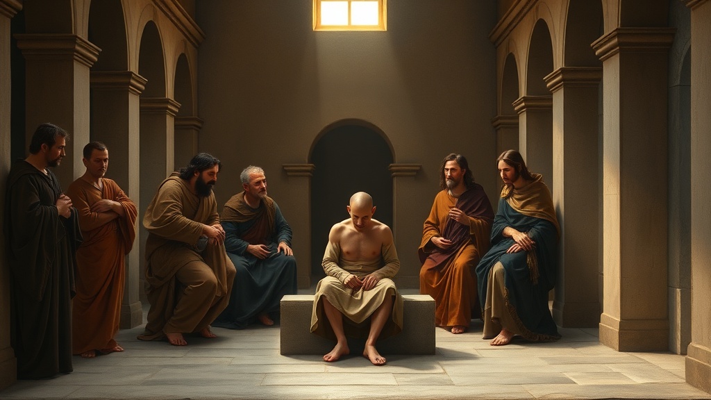 A contemplative allegorical scene in renaissance style showing a person with a closely-cropped head surrounded by companions conveying empathy and hope