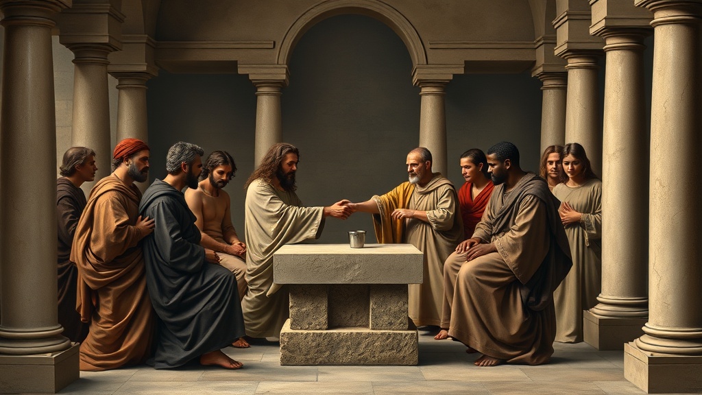 A solemn, allegorical religious scene rendered in the style of Leonardo da Vinci, composed as a wide 16:9 landscape. The image shows a small assembly of anonymous, timeless human figures gathered around a simple stone table set within a classical loggia of arches and columns. The figures are realistic, anatomically correct, and intentionally non-specific in ethnicity or identity — diverse yet indeterminate, with no likeness to any real person. The central composition forms a balanced triangular geometry: two central figures gently clasping hands over the table (a gesture of covenant and mutual commitment), flanked by counselors and onlookers whose faces express concern, hope, and contemplative resolve. Facial expressions are detailed and emotionally resonant, conveying the weight of important decisions and the desire for reconciliation. Clothing is rendered with meticulous attention to drapery and texture, rich, earthy pigments, and subtle, carefully observed folds that reflect a Renaissance sensibility without modern insignia or costume details. Lighting and atmosphere: employ soft, subtle lighting with sfumato transitions and gentle, hazy outlines that blend figures into the background. Use dramatic but natural chiaroscuro to model faces and hands, with a warm golden key light entering from a high left window and cool, atmospheric recessive tones in the distant vista. Atmospheric perspective creates depth: a layered landscape of low rolling hills and a muted river valley recedes into a hazy horizon visible through the arches. Architectural background elements are intricate and classical — vaulted ceilings, carved capitals, measured perspective lines — but are generic and not tied to any specific place. Symbolism and narrative: present the scene as a biblical-parable-inspired allegory of covenant, peace, and shared responsibility, suitable for sermon illustration. Convey themes of economic partnership, security, and careful stewardship through gesture, composition, and mood rather than explicit objects: joined hands, an exchanged glance, open palms, and leaning figures in attentive counsel. Subtle, non-literal visual cues (warm lamplight on the table, a small pool of reflected light, a distant sunrise suggesting new beginnings) suggest shared resources and hope without using logos, flags, maps, documents, or textual elements. Avoid all text, letters, numbers, icons, emblems, national symbols, or any identifiable modern political paraphernalia. Style details to emulate: soft sfumato transitions, high realism with idealized beauty, earthy Renaissance palette, meticulous anatomical accuracy, restrained dramatic lighting, gentle haze around contours, careful geometric composition and balance, intricate background architecture, atmospheric depth, and a contemplative, reverent mood. The overall effect should feel like a Leonardo-era religious allegory: timeless, deeply human, emotionally complex, and visually rich, appropriate for use as a sermon image about covenant, reconciliation, and wise stewardship. No identifiable individuals, no references to specific events, countries, organizations, or contemporary political identifiers; absolutely no text or symbols in the image.