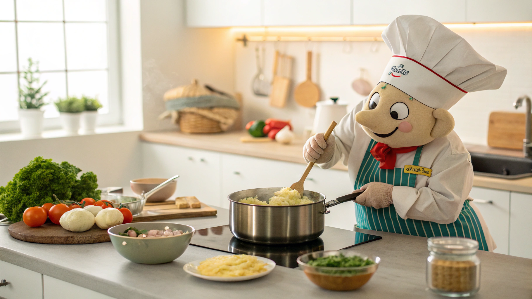 Potatoes being peeled and cut into cubes