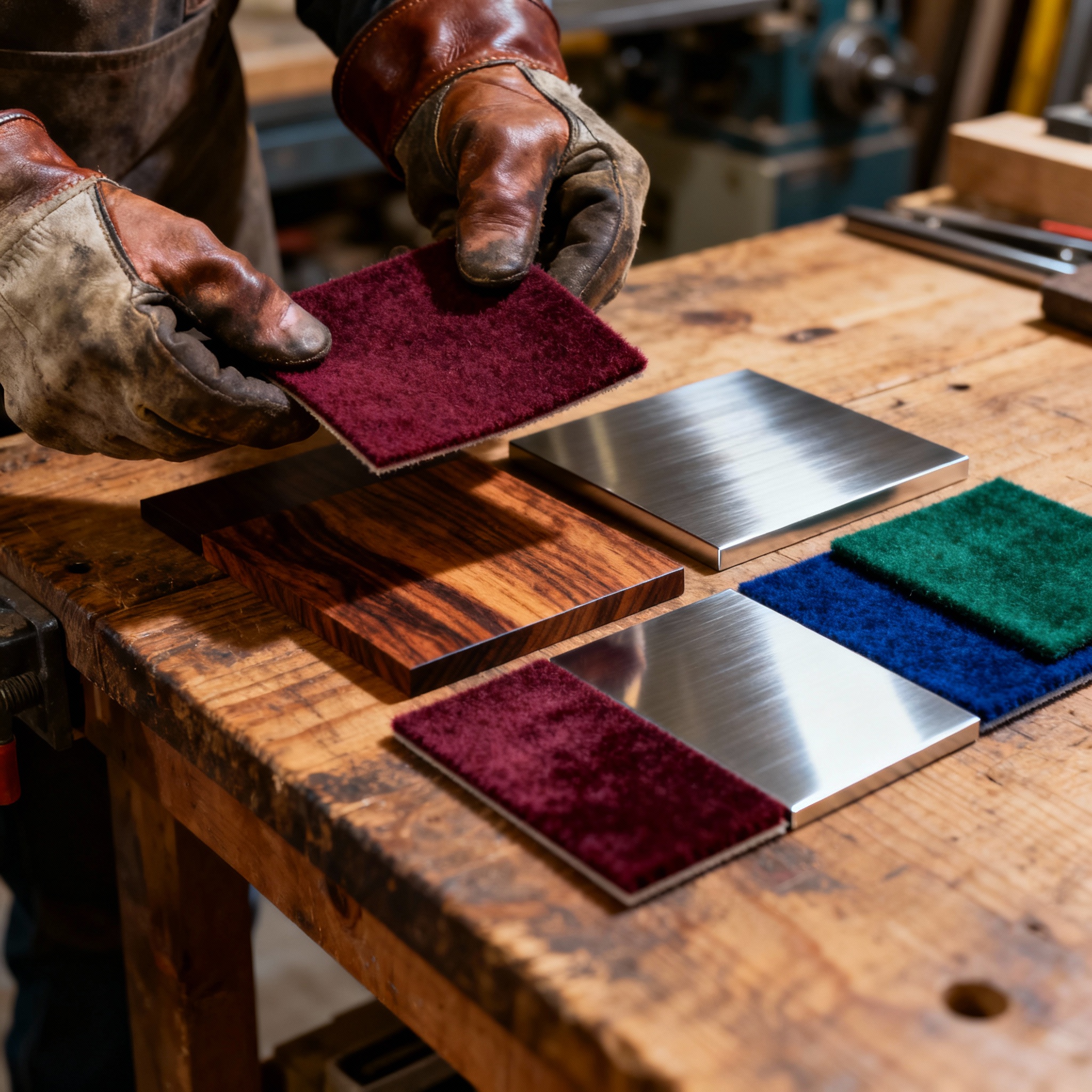 Photorealistic close-up of skilled hands selecting materials at a workbench, showing swatches of exotic wood, brushed stai...