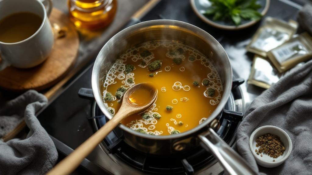 Simmering cannabis tea with coconut oil infusion
