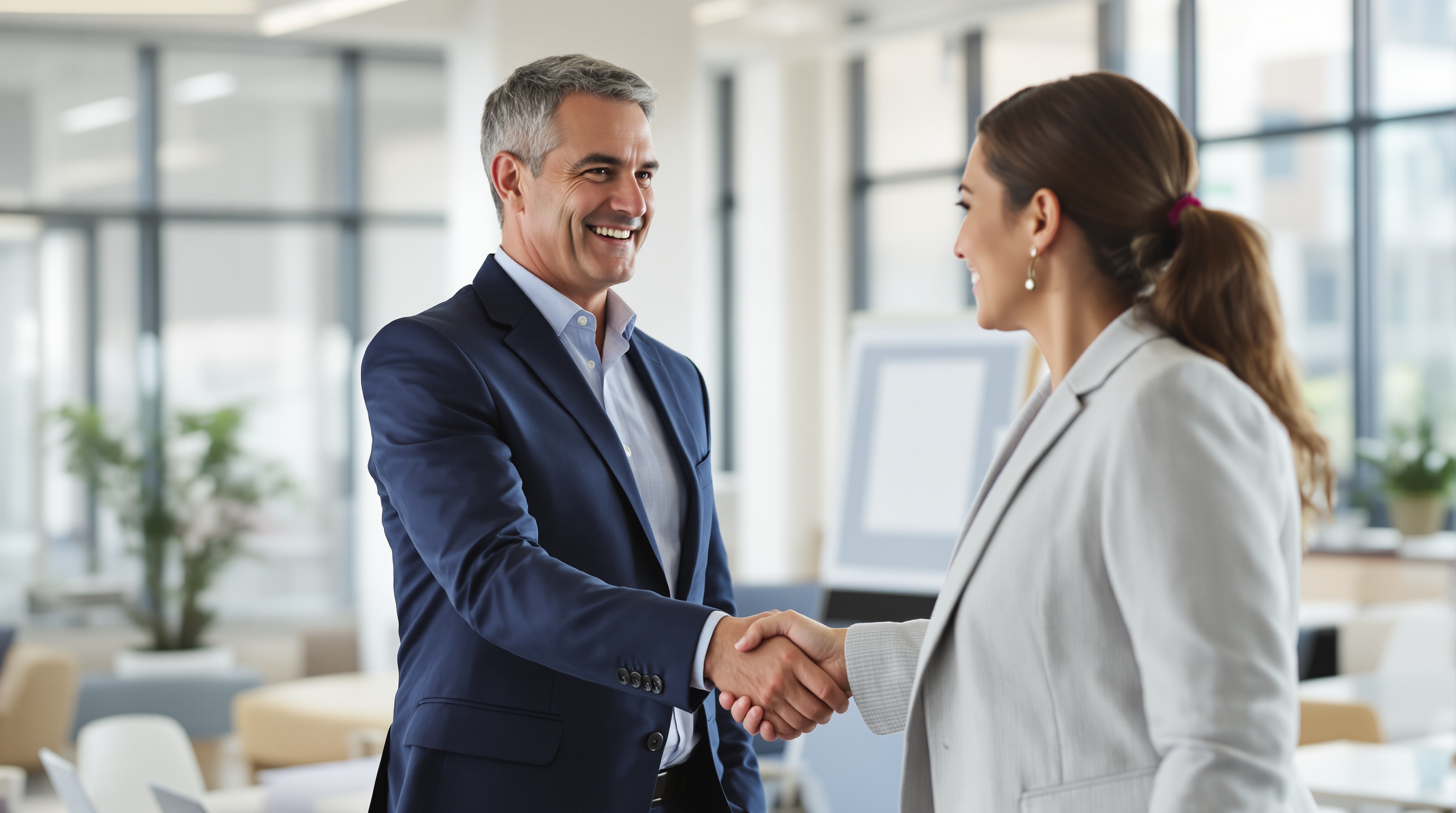 A confident business leader shaking hands with a marketing consultant in a bright, modern office, symbolizing partnership and forward momentum. Both are dressed in professional attire, with a clean and minimalistic office setting in the background.