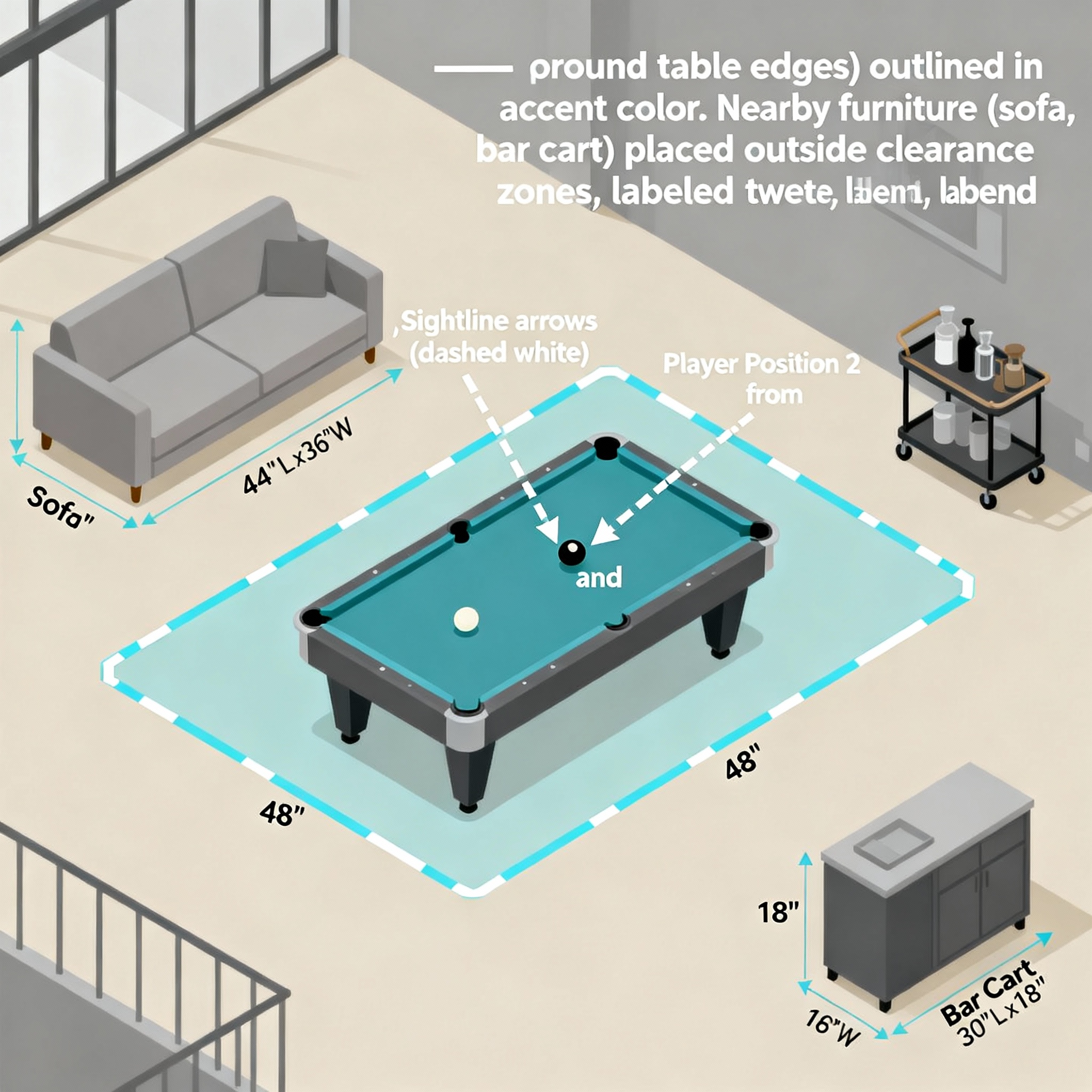 Isometric minimalist infographic showing ideal pool table clearance zones and furniture placement in an open-plan loft. Cl...