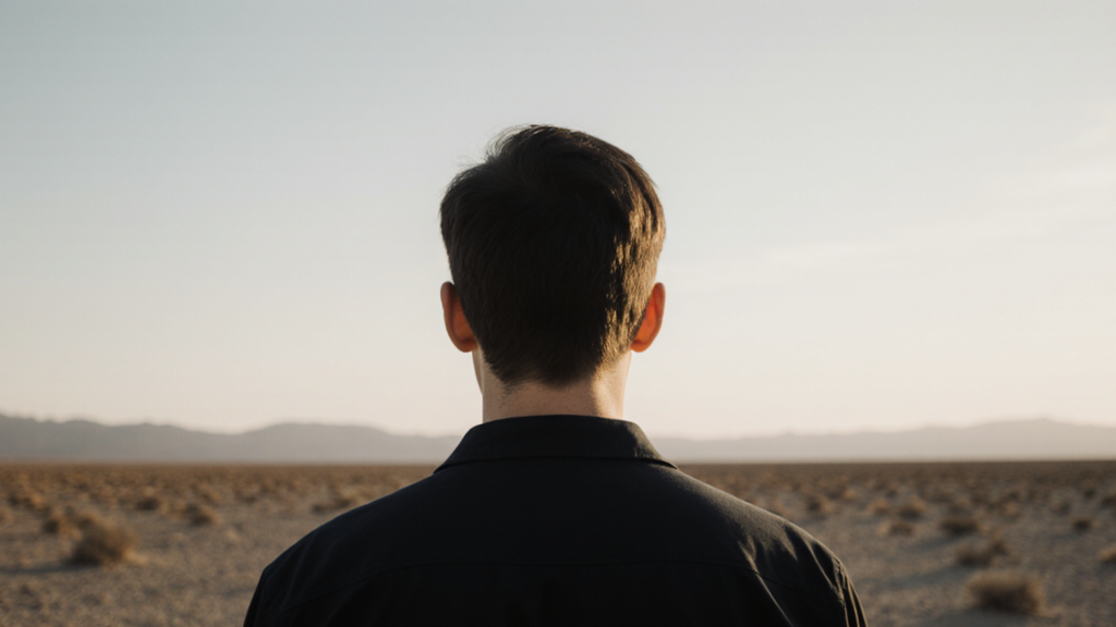 Back of person's head and shoulders centered in frame, surrounded by vast empty desert and negative space in soft dawn light.