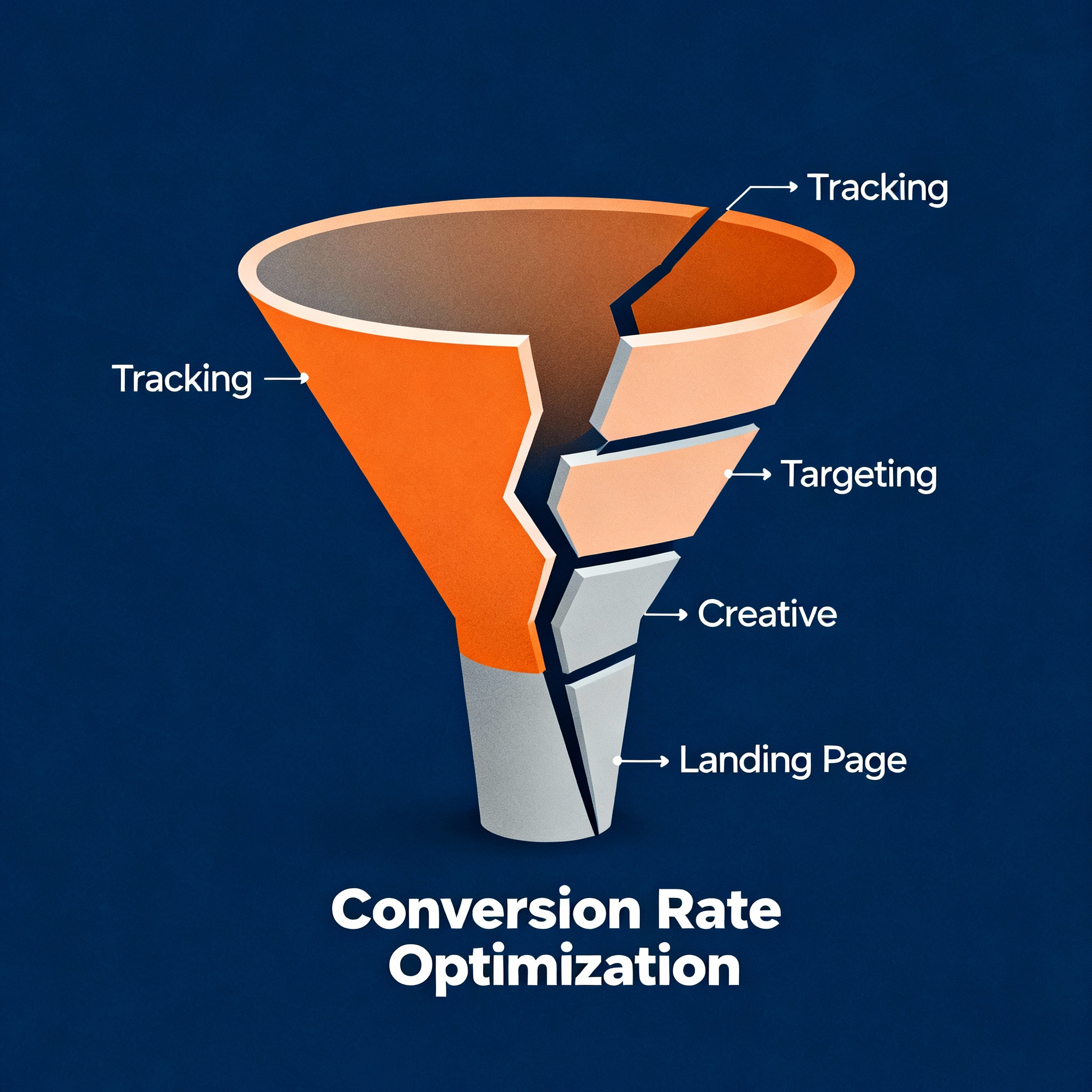 Clean infographic style illustration showing a broken funnel turning into an optimized funnel with steps labeled: Tracking...