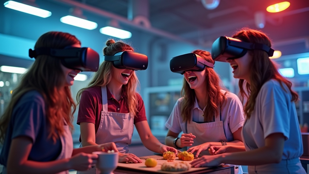 Familia riendo mientras disfruta de una partida de Cook Out VR familiar en Barcelona con las gafas de realidad virtual puestas.