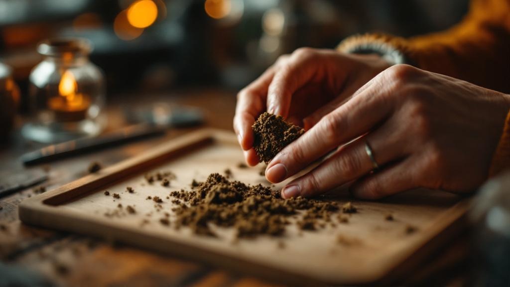 Hands preparing hash by warming and crumbling