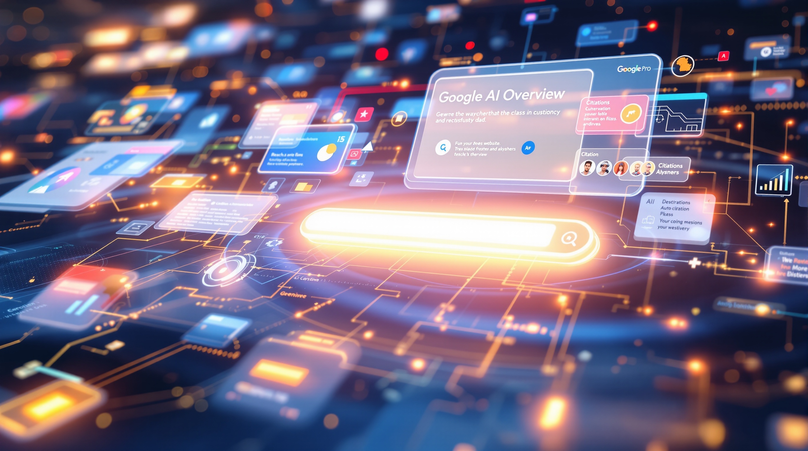 High-detail digital illustration showing Google's AI Overview process visualized as an interactive search interface with data streams and citation carousels