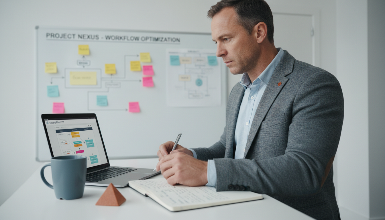 Focused professional at a standing desk reviewing a CRM workflow on a laptop with a whiteboard of sticky notes in the background, captured in soft even daylight in a minimal home office setting.