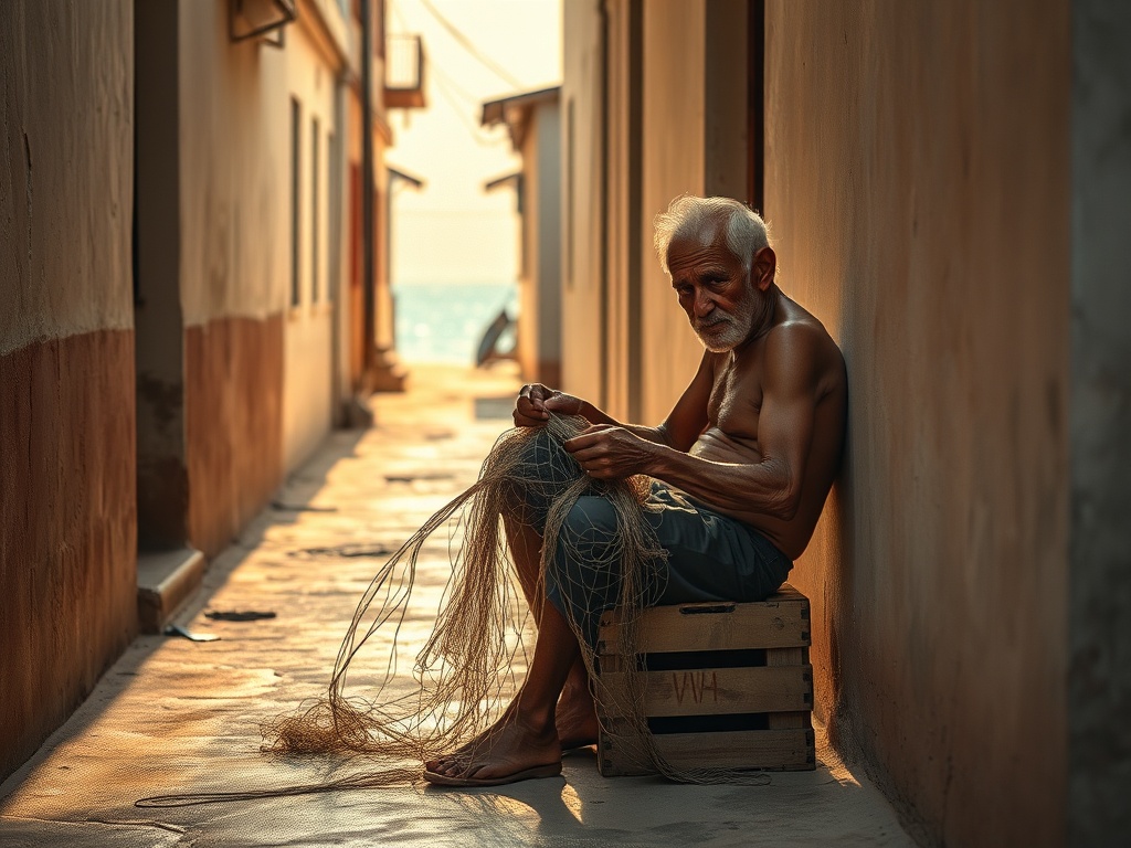 The Fisherman Mending Nets as Malé's Walls Turn Gold