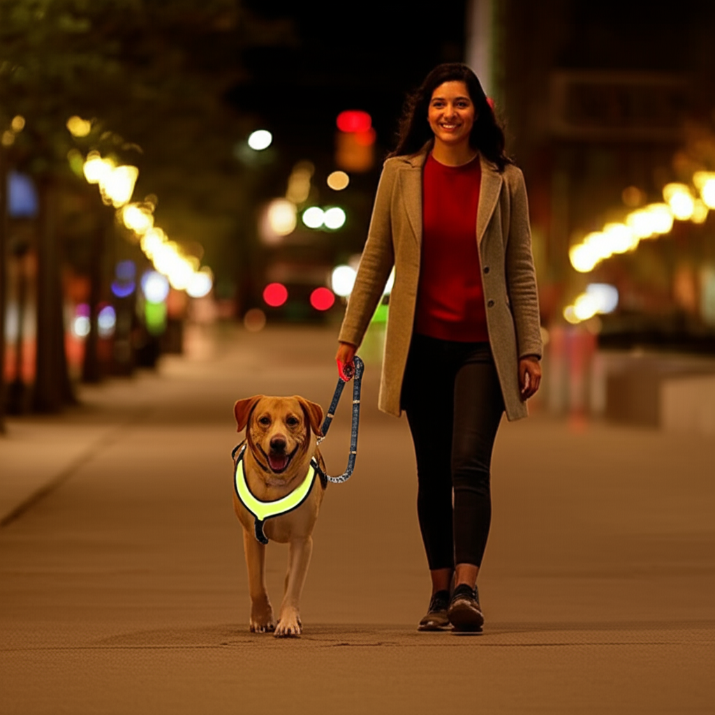 Perro con collar LED en un paseo nocturno