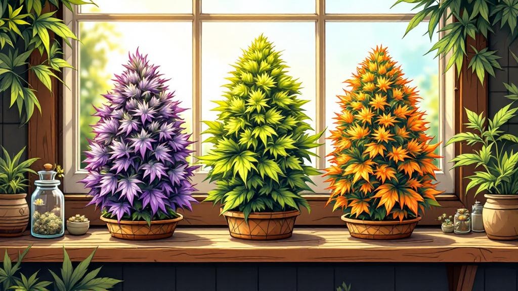 Cartoon cannabis flower varieties indica sativa hybrid