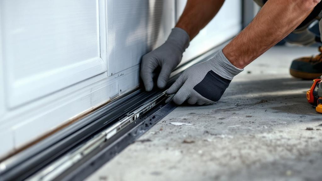 Technician installing new garage door bottom seal professionally