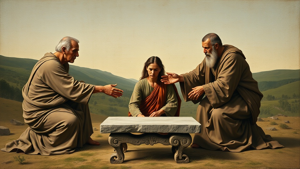 A contemplative allegorical religious scene of three figures offering symbols of peace