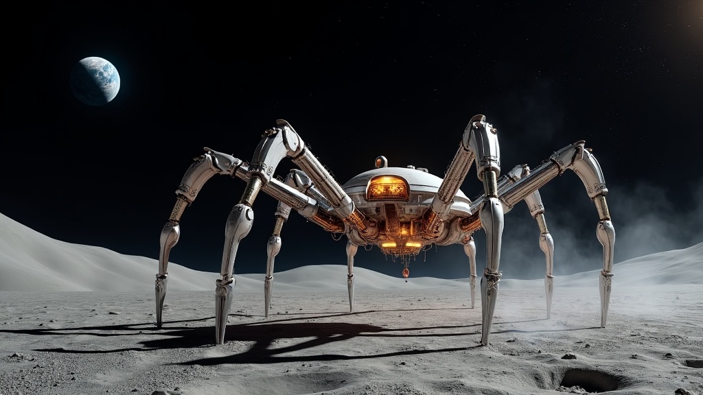 Ilustración futurista de un hábitat lunar construido por un robot araña como Charlotte utilizando recursos locales.
