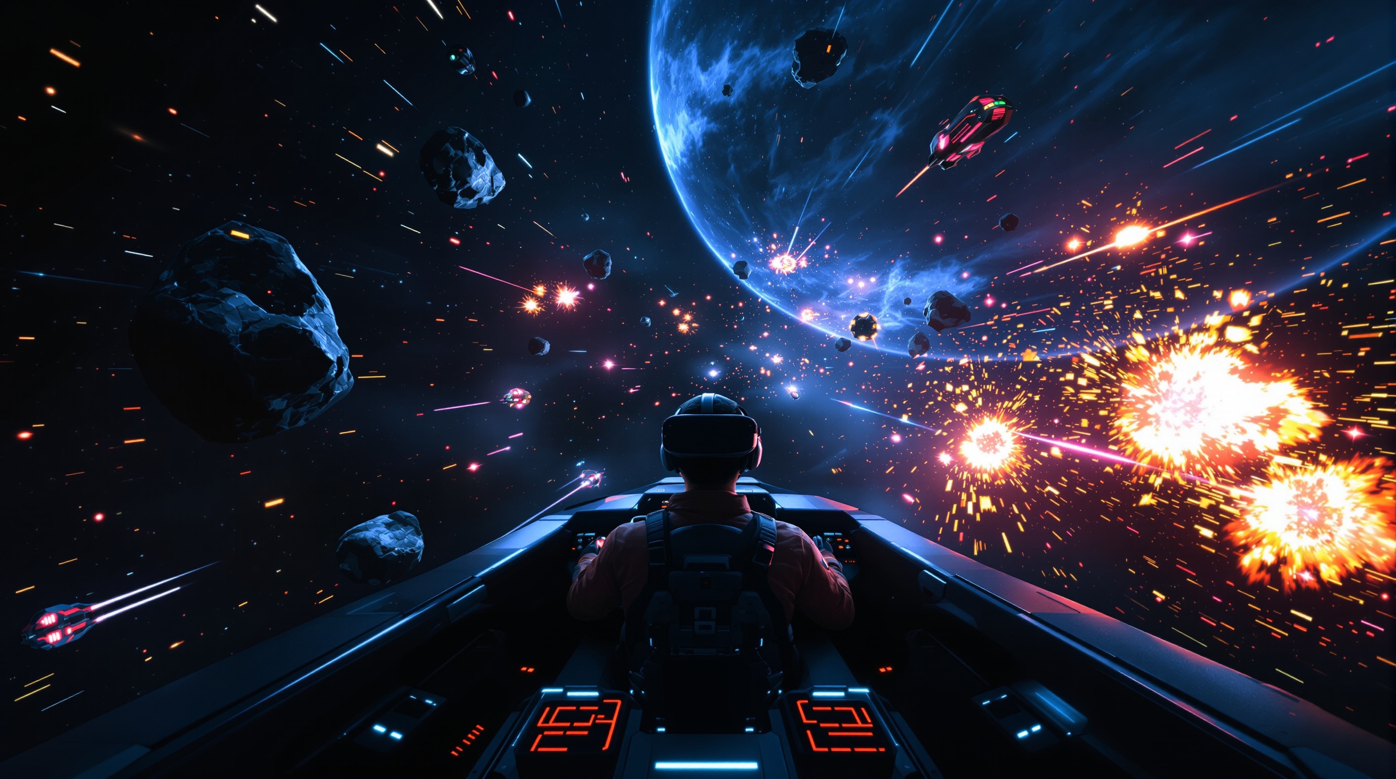 Análisis visual de VR Blasteroids con efectos de partículas durante el combate 6DOF