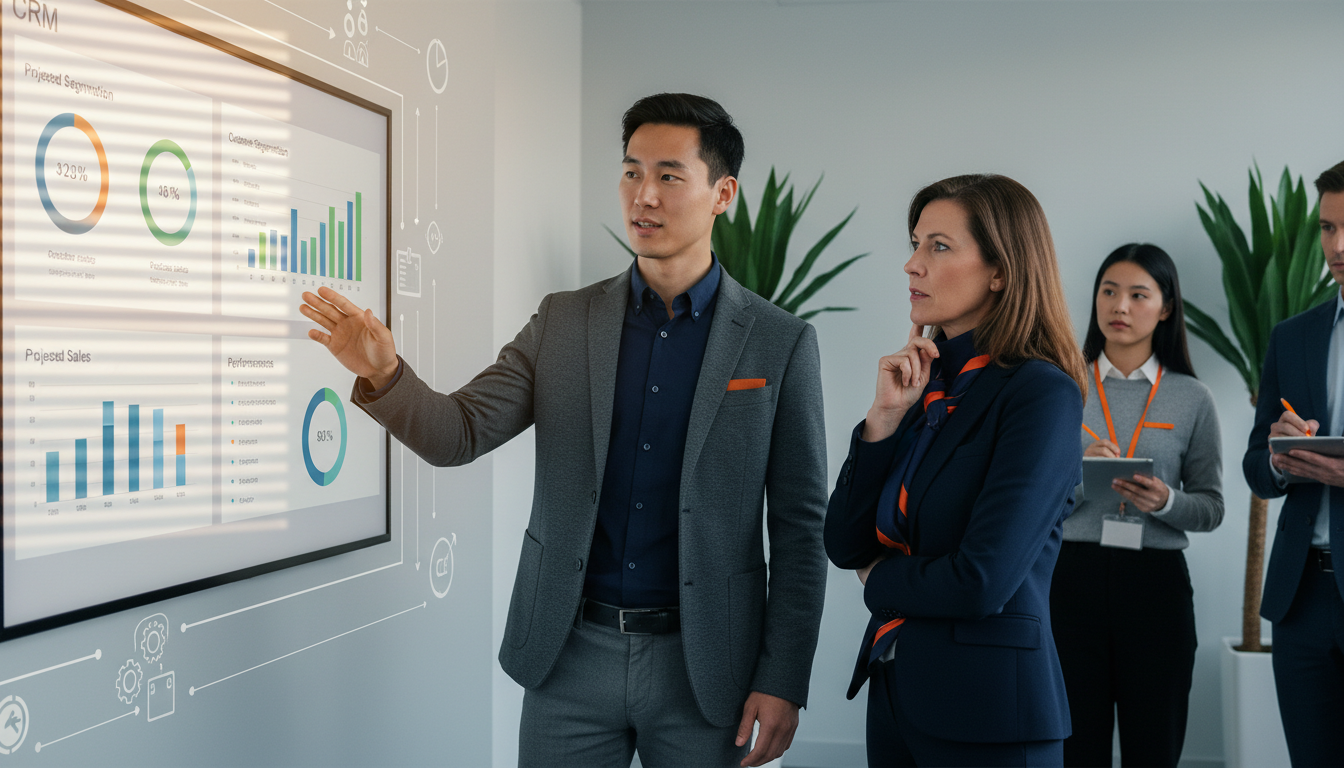 Modern marketing team in a bright conference room reviewing a CRM dashboard on a large screen while a senior data analyst presents and colleagues take notes, photographed with warm soft light and a clean, professional composition.