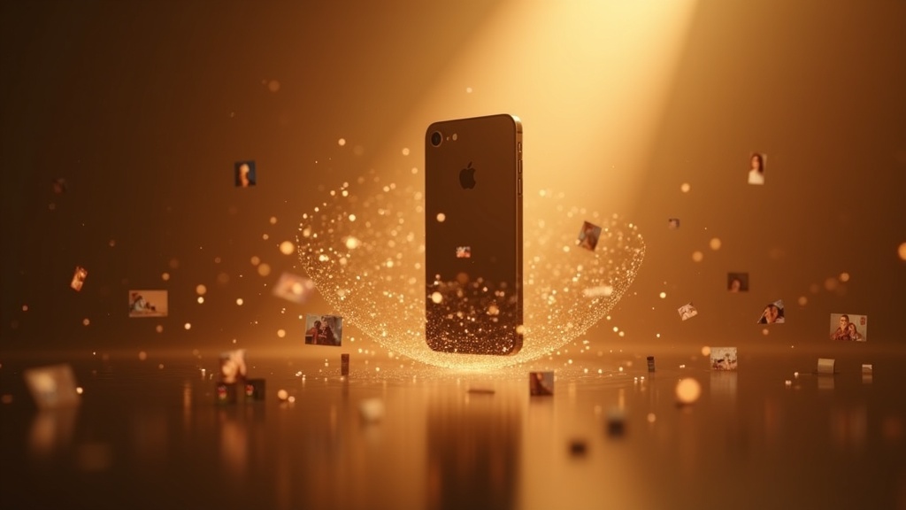 Interfaz del IA buscador fotos iPhone en la mano de una persona, mostrando la búsqueda inteligente de imágenes.