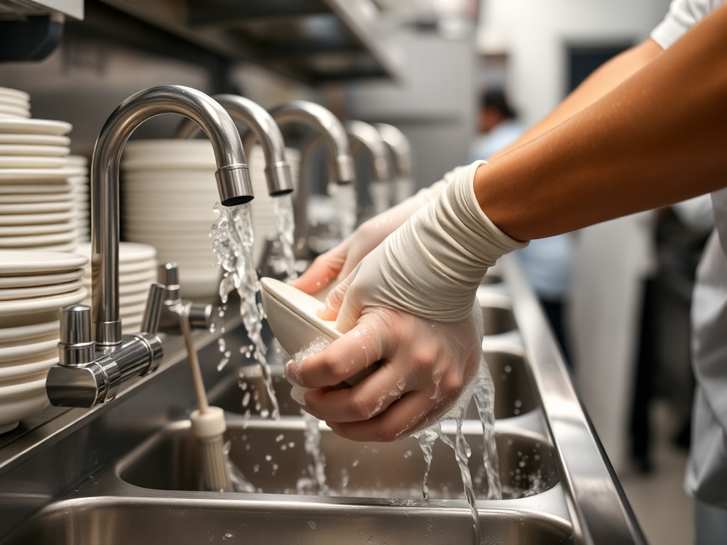 Close-up of hands efficiently washing dishes in a professional kitchen