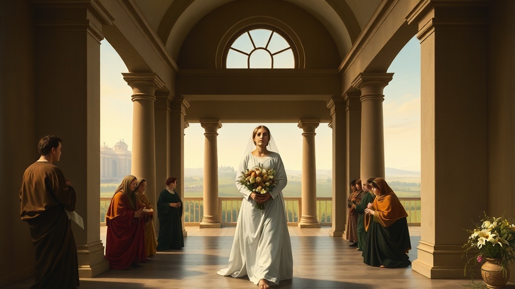 레오나르도 다빈치 스타일로 연출된 부케의 의미를 묵상하는 회화적 장면