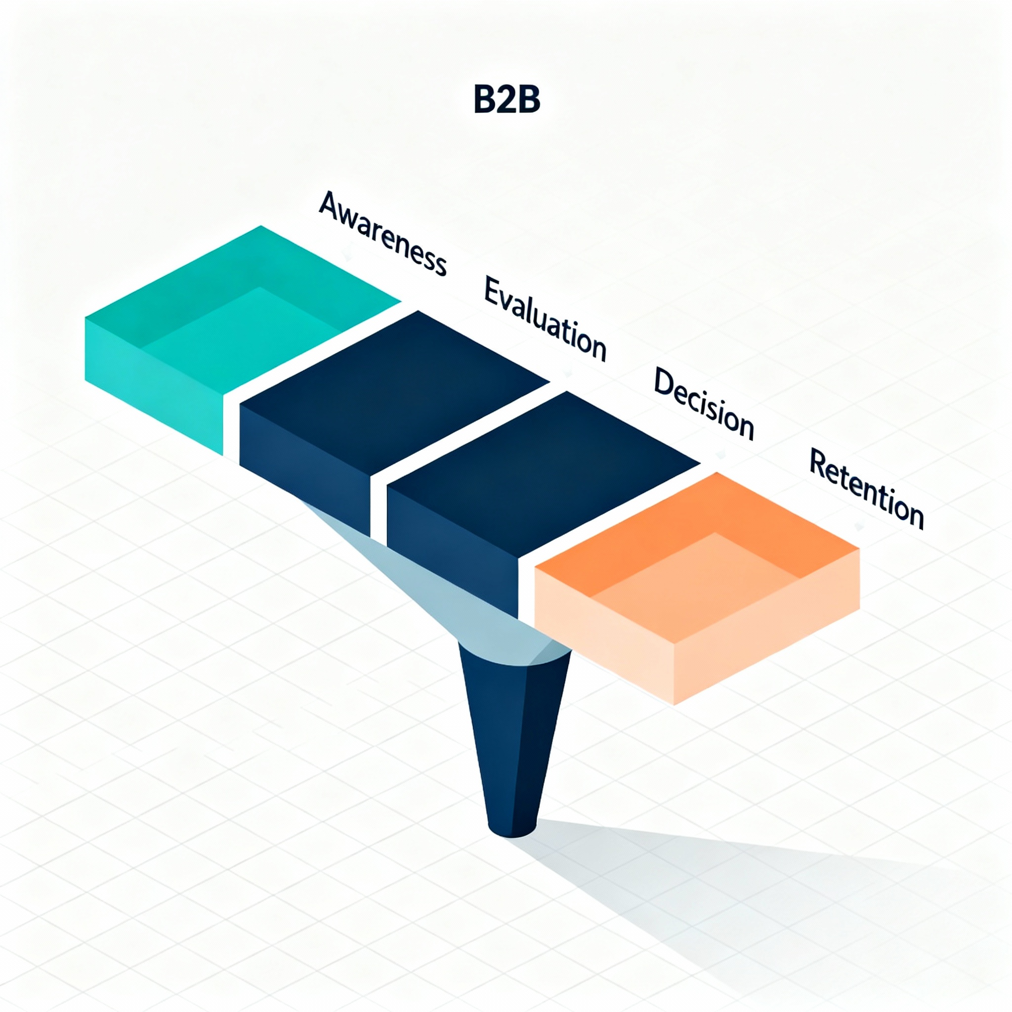 Isometric infographic of a B2B funnel, minimal flat design, labeled stages: Awareness, Evaluation, Decision, Retention, co...