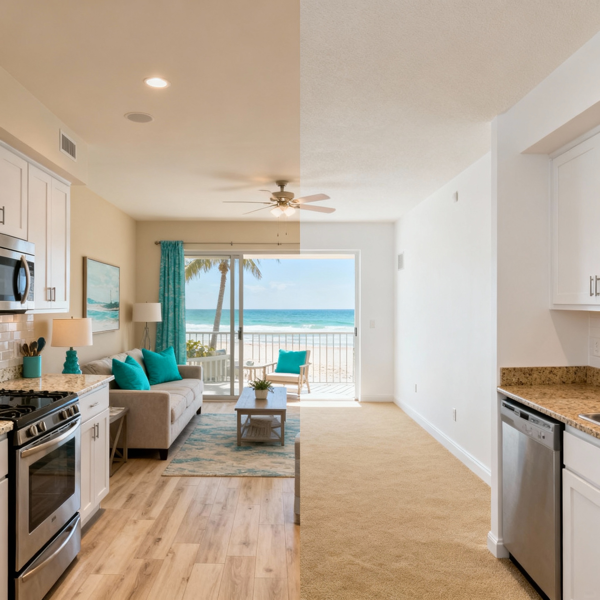 Photorealistic staged interior split-screen: left shows a modern renovated unit with beachfront-inspired decor and durable...