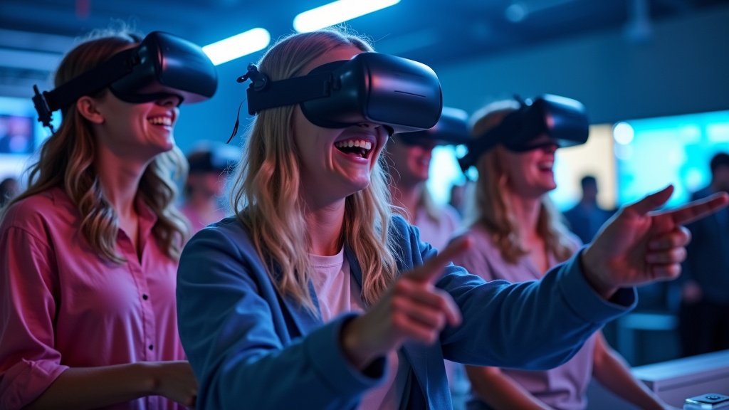 Grupo de amigos disfrutando de una sesión de realidad virtual en las instalaciones de Virtua Barcelona.