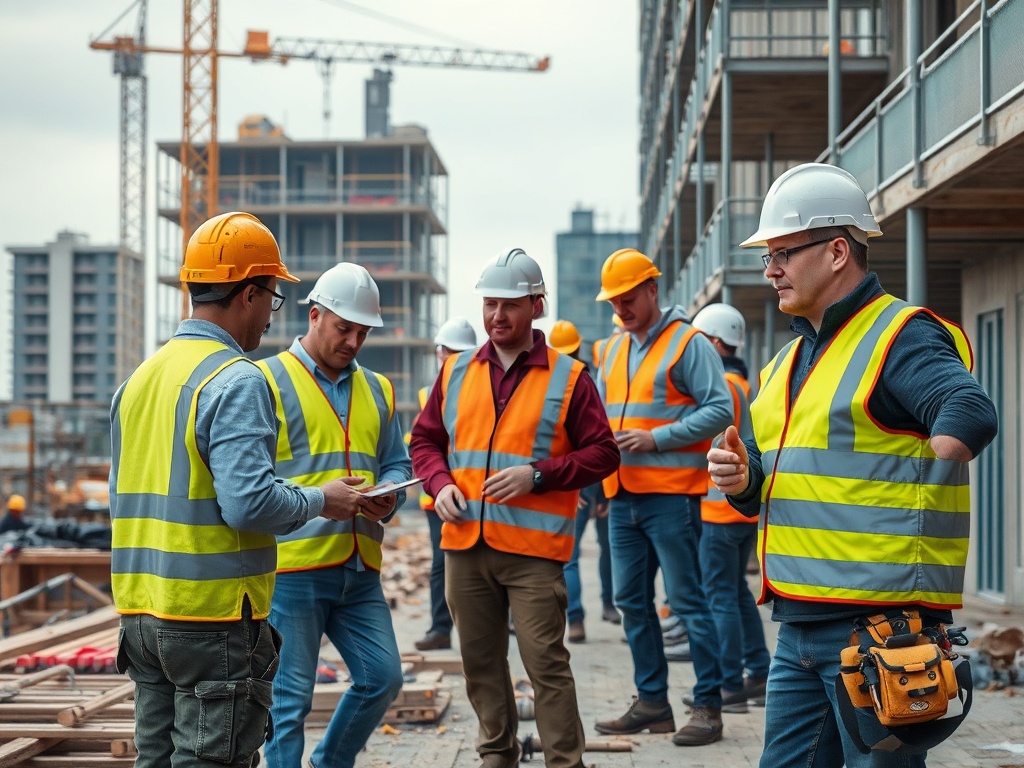 Professional construction site in West Bromwich showing temporary labourers working on building project with safety equipment