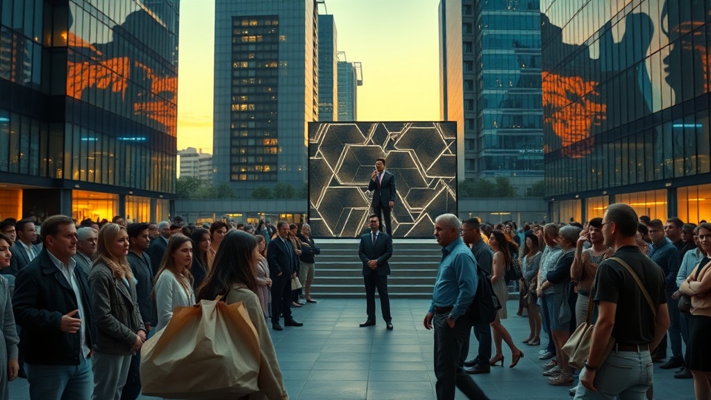 A cinematic, photorealistic movie-style still set in a modern 2025 urban plaza framed in 16:9. Wide, composed shot at dusk with natural golden-hour sunlight mixing with cool neon and LED accent lighting from glass-and-steel skyscrapers. In the midground a diverse, non-identifiable group of everyday people—men and women of varied ages dressed in contemporary, unbranded casual and workwear—stand and sit in small clusters, their expressions nuanced: fatigue, quiet skepticism, subtle hope, guarded attention. Foreground slightly out of focus: a pair of hands holding a plain, unbranded paper grocery bag and a worn commuter bag, textured skin and fabric visible in high resolution. A small, elevated polished platform sits beyond the crowd with an anonymous, indistinct speaker in formal clothing, deliberately blurred and shown from behind or in soft focus to avoid identification; unbranded microphone and neutral lighting on the platform. Behind the platform, abstract LED panels and architectural light patterns create modern, geometric reflections on surrounding glass surfaces—no text, logos, flags, or symbols anywhere. Subtle media presence suggested by a few distant cameras and neutral light rigs (no channel marks) catching highlights, not dominating the scene. Atmosphere conveys a visual tension between glossy, staged presentation and the grounded reality of ordinary city life: reflective metal, wet pavement glints, scuffed shoes, worn public benches, reusable shopping bags. Cinematic depth of field, filmic color grading with balanced natural skin tones, high-resolution textures, realistic specular highlights on glass and steel, soft fill light on faces, volumetric light shafts between buildings, and a very slight film grain for authenticity. The overall image should read as a believable, contemporary movie still about the concept of 