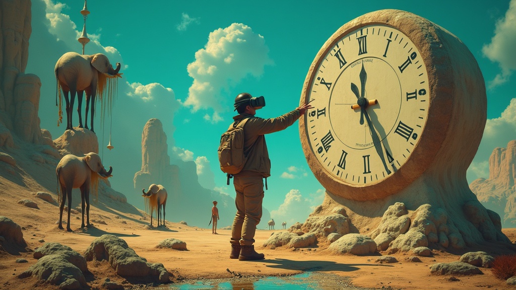 Visitante disfrutando de la experiencia Dreams of Dalí en Virtua Barcelona, inmerso en un paisaje surrealista.