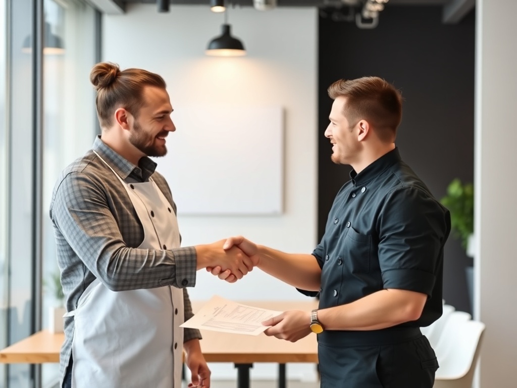 Professional recruitment meeting in modern office with hiring manager and sous chef discussing contract with confident handshake