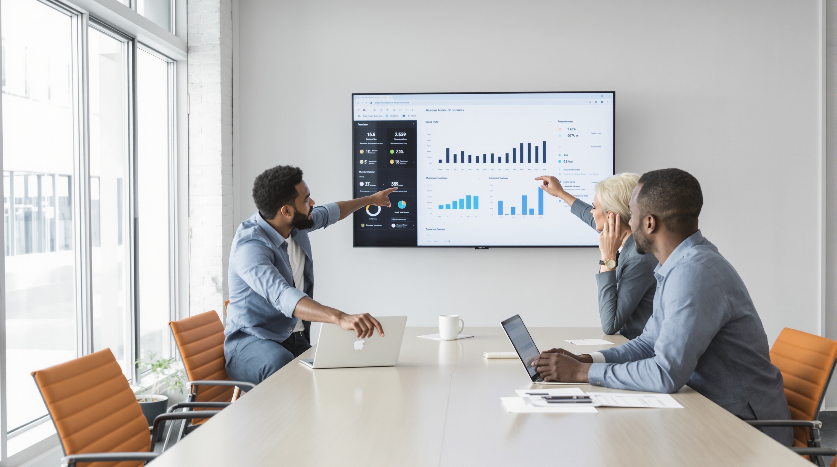A diverse marketing team collaborating around a modern conference table, reviewing digital dashboards on laptops and a large screen in a bright, professional office setting.